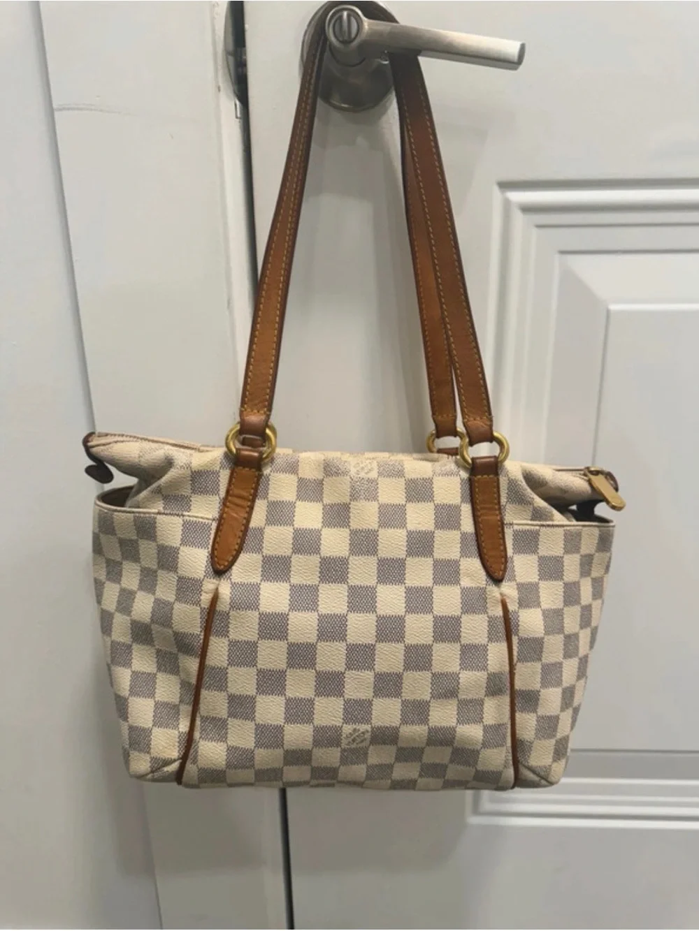 Louis Vuitton Cream Checkered Tote with Brown Leather Straps